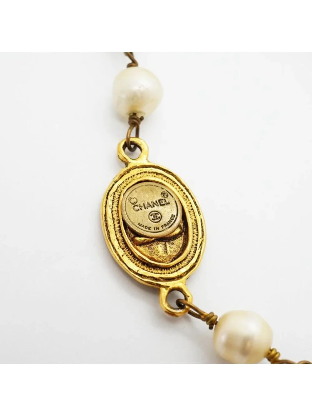 Chanel Necklace Vintage CC Logo Gold Plated Faux Pearl